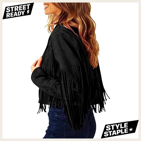 Faux Suede Fringe Cropped Jacket Slim Fit Motorcycle Style Chic Fall - Picture 5 of 7